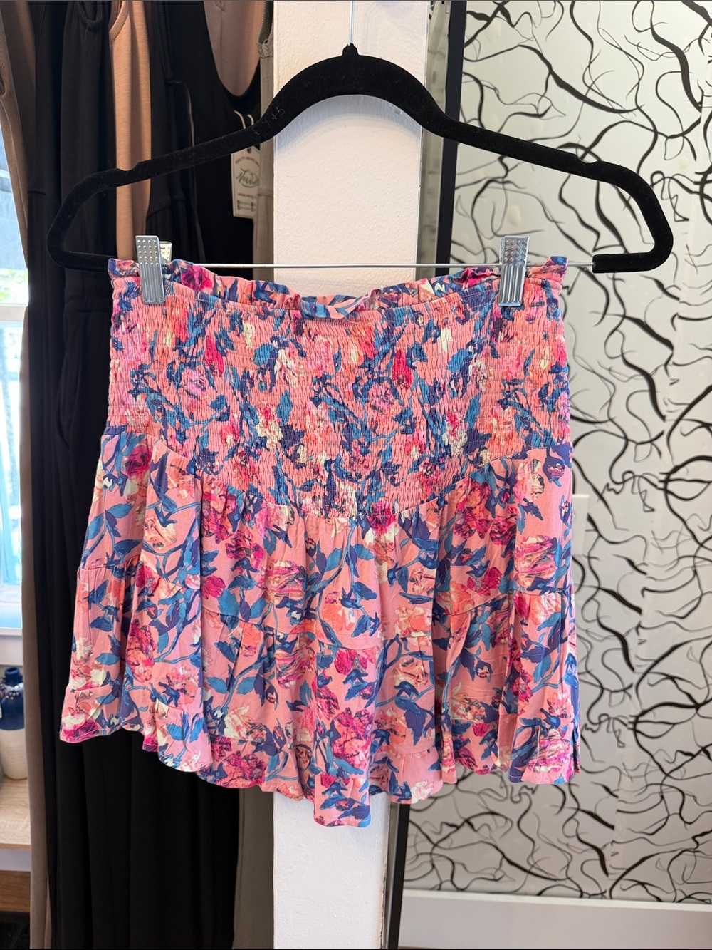 Listicle Pink Floral Smocked Circle Skirt with Blue Accents
